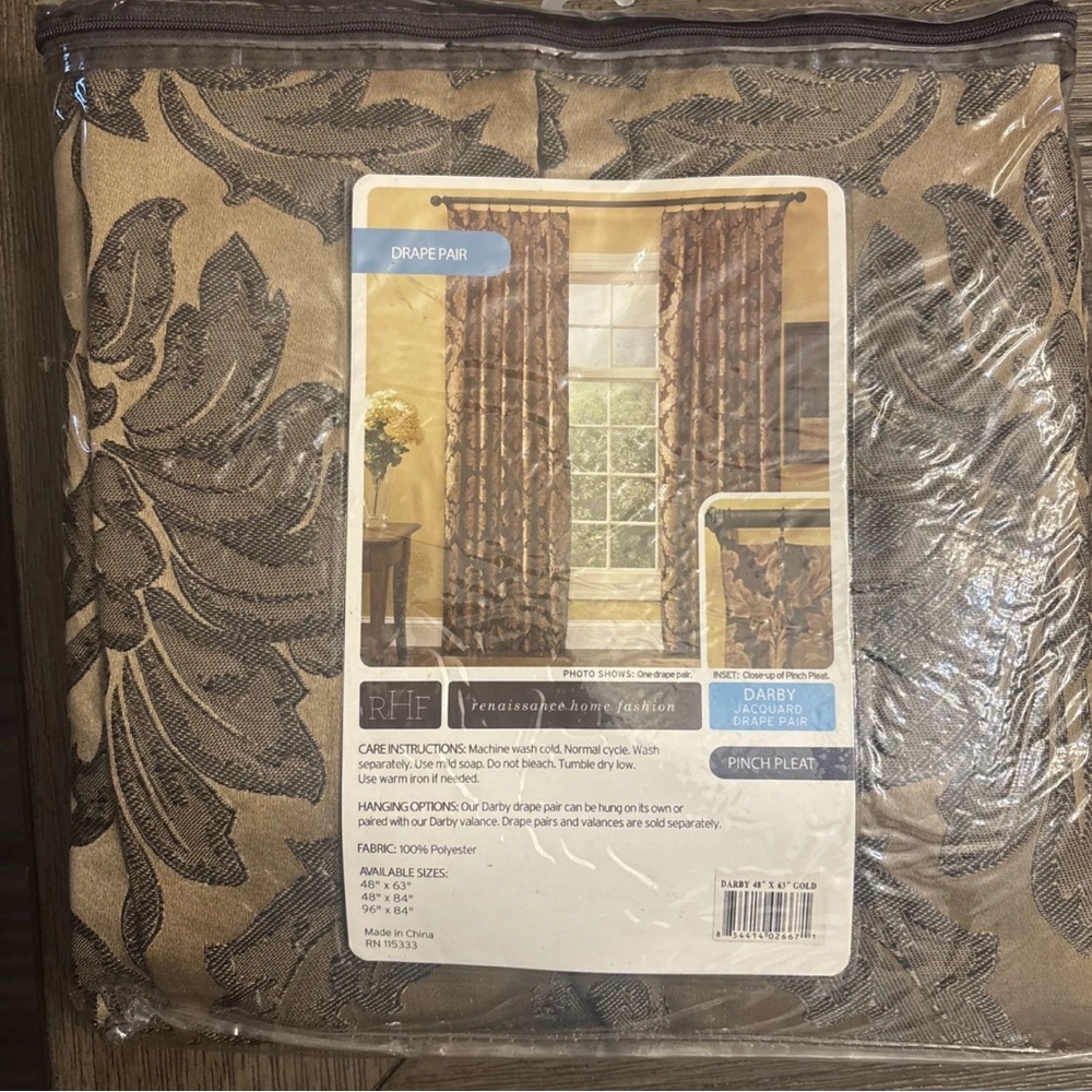 RHF Darby Jacquard Drape Pair Pinch Pleat Gold 48”x63” NWT